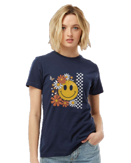 Woman's Floral Fall Smiley Face Short Sleeve T-Shirt
