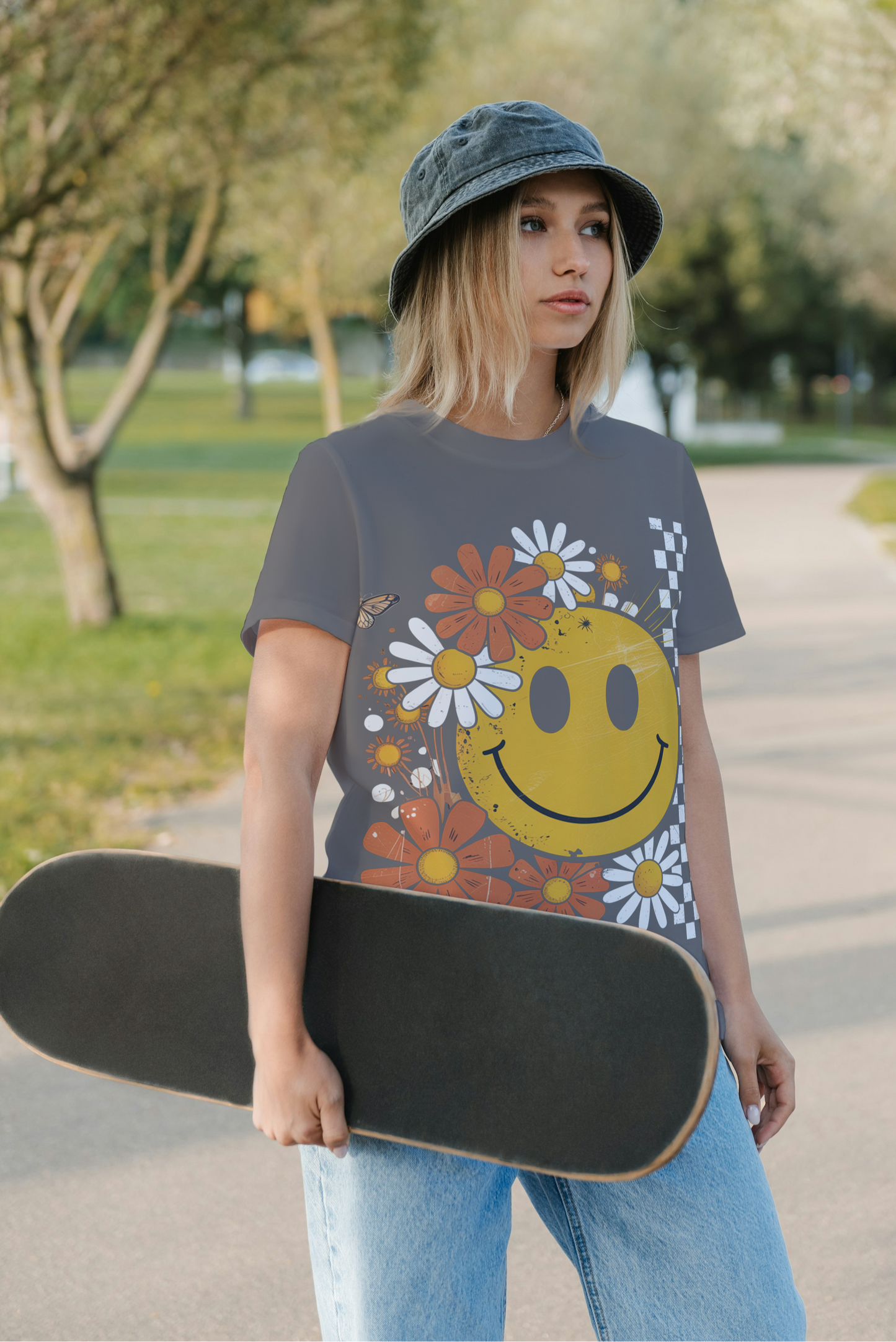 Woman's Floral Fall Smiley Face Short Sleeve T-Shirt