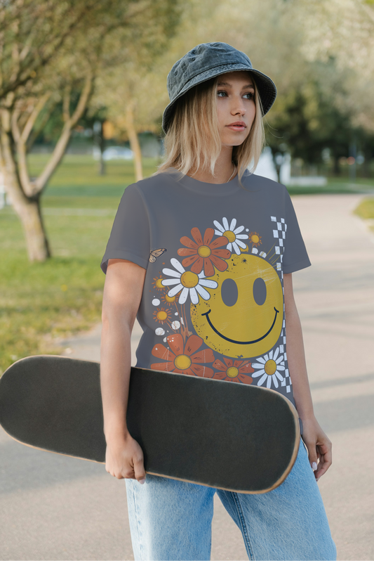 Woman's Floral Fall Smiley Face Short Sleeve T-Shirt
