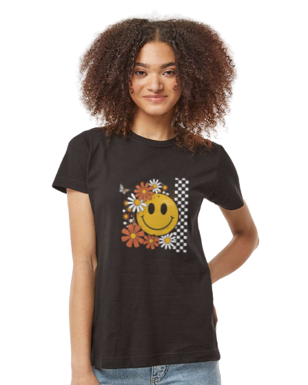 Woman's Floral Fall Smiley Face Short Sleeve T-Shirt